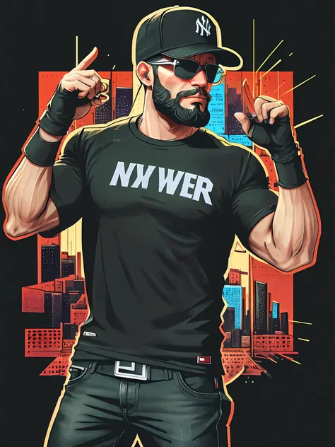 Men, Sunglasses, Black New York Yankees Hat, Black T-shirt, Beard, Muscles, Hip Hop, GTA5, Open Finger Gloves