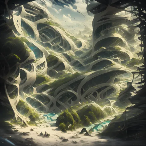 airbrush drawing --v 5.1 style futuristic design of an awesome sunny day environment concept art on a futuristic forest terrain ...