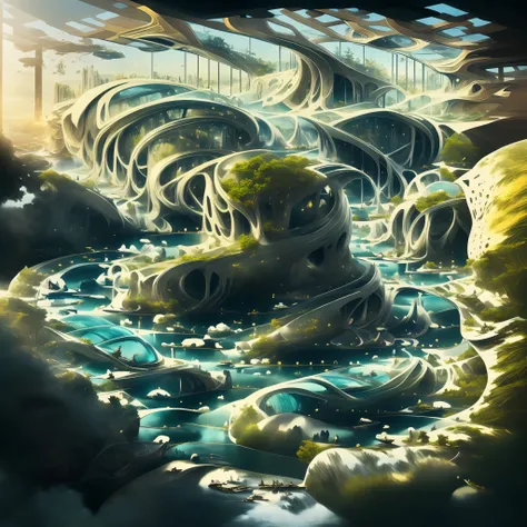 Airbrush drawing --v 5.1 style Futuristic design of an awesome sunny day environment concept art on a futuristic forest terrain with huge waterfalls,streams,sacred grooves, nature architecture, proportional,detailed, blueprint,bright clouds, nature meets f...