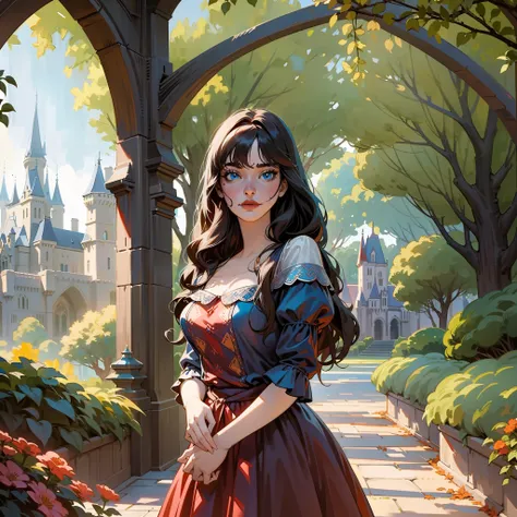 a woman, wavy long black hair, short bangs, chic hairstyle, blue eyes, long red dress, old fashioned, castle background, garden,...