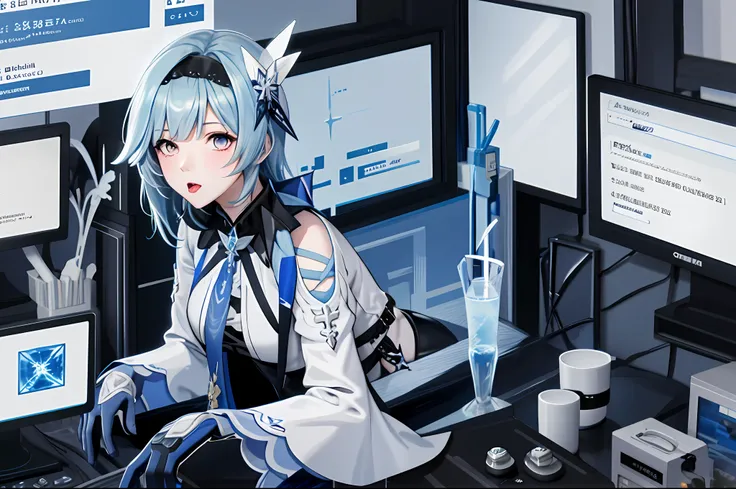 eula ghenshin impact, ghenshin impact eula, anime girl with blue hair playing a game on a computer, masterpiece,1girl, solo, thr...