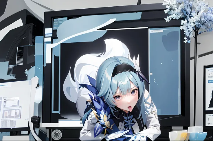 eula ghenshin impact, ghenshin impact eula, anime girl with blue hair playing a game on a computer, masterpiece,1girl, solo, through screen, monitor, white strapless dress, tongue out, hair over one eye, white dress,torn clothes, long hair,blue hair, very ...