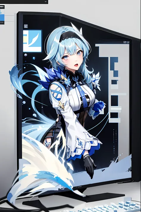 eula ghenshin impact, ghenshin impact eula, anime girl with blue hair playing a game on a computer, masterpiece,1girl, solo, thr...