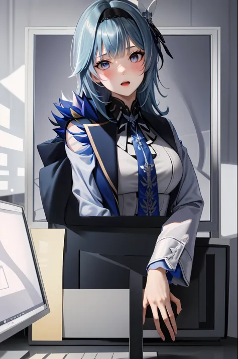 ((best quality)), ((highly detailed)), eula ghenshin impact, ghenshin impact eula, anime girl with blue hair playing a game on a...