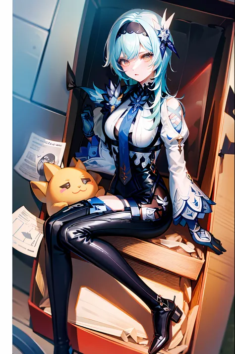 (masterpiece, top quality, best quality, official art, beautiful and aesthetic:1.2),(8k, best quality, masterpiece:1.2), there is a woman sitting in a box full of ice cubes, eula genshin impact, eula game genshin impact, kawacy, splash art anime loli, extr...