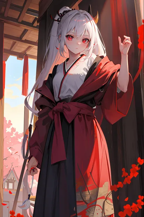 masterpiece, need for good, 1girl, portrait, white hair, ponytail, red eye, samurai, plum tree, sun, cloud, (neutral color), (hd...