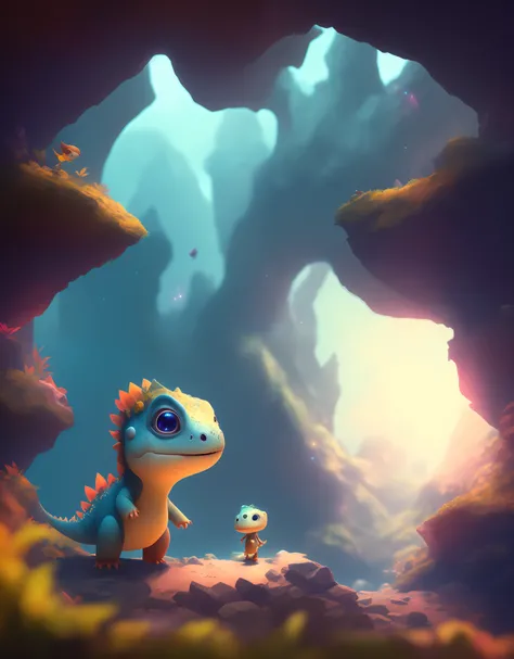 Cinematic portrait of a cute dicuki exploring a dark and mysterious cave full of colorful crystal Gorgeous, cute, 4K, detailed, digital art, Arstation trend, Disney, Pixar, planets, sky