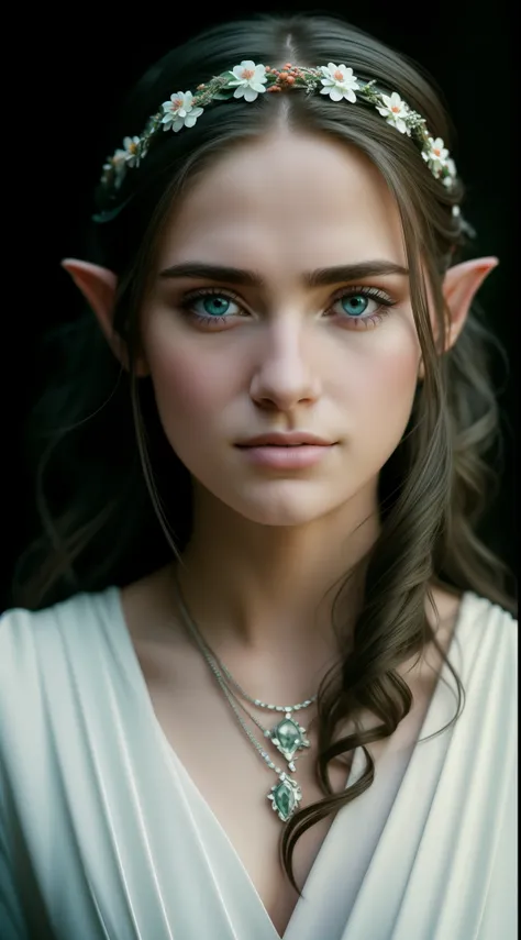 beautiful one elf woman,dressed like a white celtic style,happy expression on face,on the mountain,(focus on the eyes), angelic,...