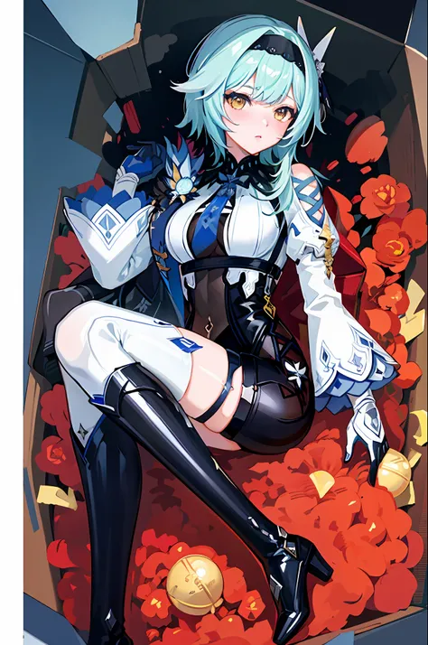 (masterpiece, top quality, best quality, official art, beautiful and aesthetic:1.2),(8k, best quality, masterpiece:1.2), there is a woman sitting in a box full of Primogem genshin impact, isi kotaknya primogems, eula genshin impact, eula game genshin impac...