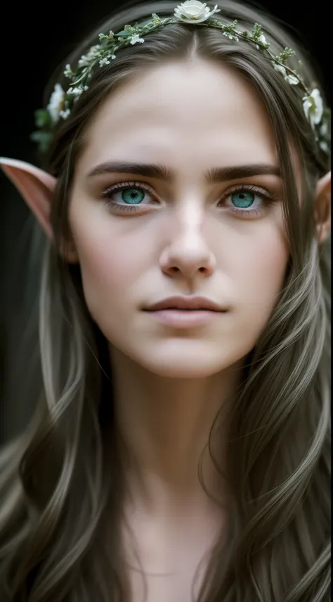 beautiful One Elf woman,dressed like a White Celtic style,Happy expression on face,on the mountain,(focus on the eyes), angelic, beautiful face,(harsh light on skin:1.2), (hard shadows, dark theme, unlit, dim lighting, deep contrast:1.1), (Annie Liebovitz ...