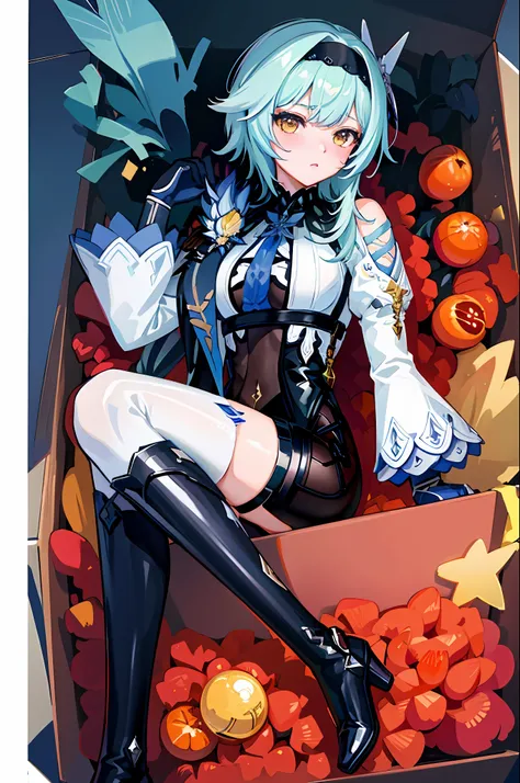 (masterpiece, top quality, best quality, official art, beautiful and aesthetic:1.2),(8k, best quality, masterpiece:1.2), there is a woman sitting in a box full of Primogem genshin impact, isi kotaknya primogems, eula genshin impact, eula game genshin impac...