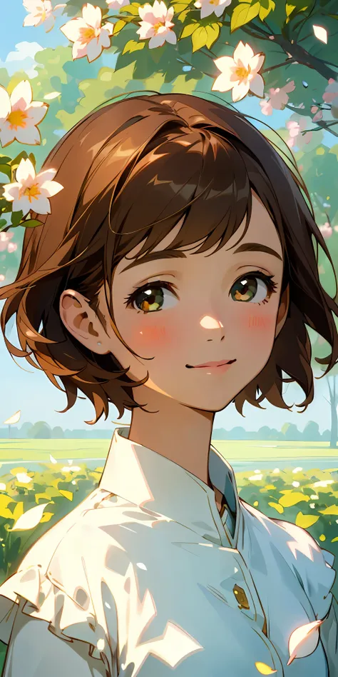 (top quality, masterpiece, ultra-realistic), one beautiful delicate portrait of a girl with eyes full of joy, short hair, brown hair, smile, soft and peaceful expression, the background landscape is a garden with petals and puffs flying around. --v6