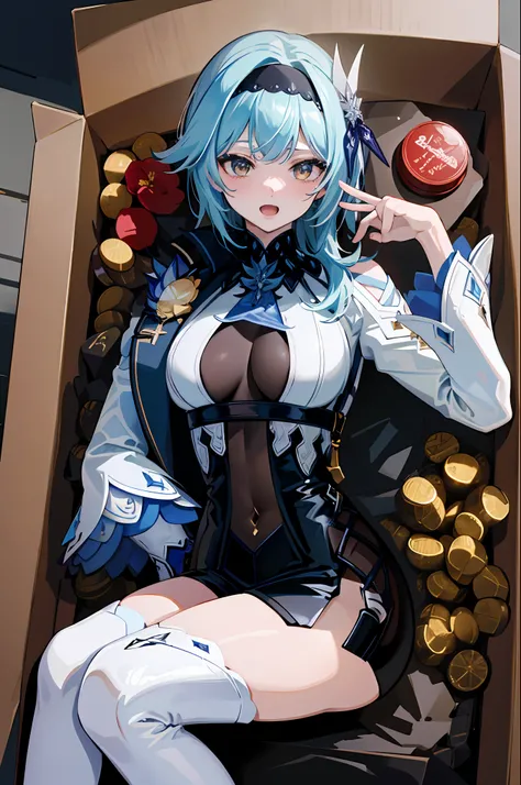 (masterpiece, top quality, best quality, official art, beautiful and aesthetic:1.2),(8k, best quality, masterpiece:1.2), there is a woman sitting in a box full of money and diamod, facial expressions that are so sexy and seductive, the color of the box is ...