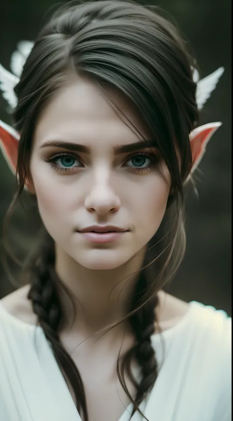 beautiful One Elf woman,dressed like a White Elf style,Happy expression on face,on the mountain,(medium shot:1.5), angelic, beautiful face,(harsh light on skin:1.2), (hard shadows, dark theme, unlit, dim lighting, deep contrast:1.1), (Annie Liebovitz portr...