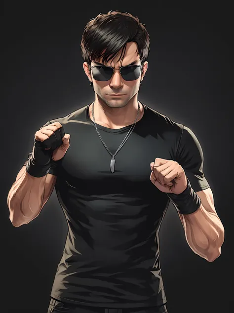 single, solo, young man, medium hair, bangs, sunglasses, black t-shirt, muscles, gta5, open finger gloves, fighting pose, simple...