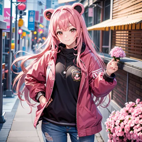 anime kuma kuma bear bear, bear costume, pink hair, cute girl, high resolution, high quality,