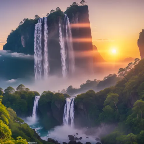 (8k, raw photo, photorealistic:1.25) , on the mountain, see the waterfall, sunset, humanoid cloud, verism, ray tracing, panorama...