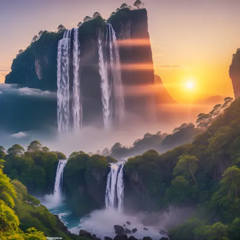 (8k, raw photo, photorealistic:1.25) , on the mountain, see the waterfall, sunset, humanoid cloud, verism, ray tracing, panorama...