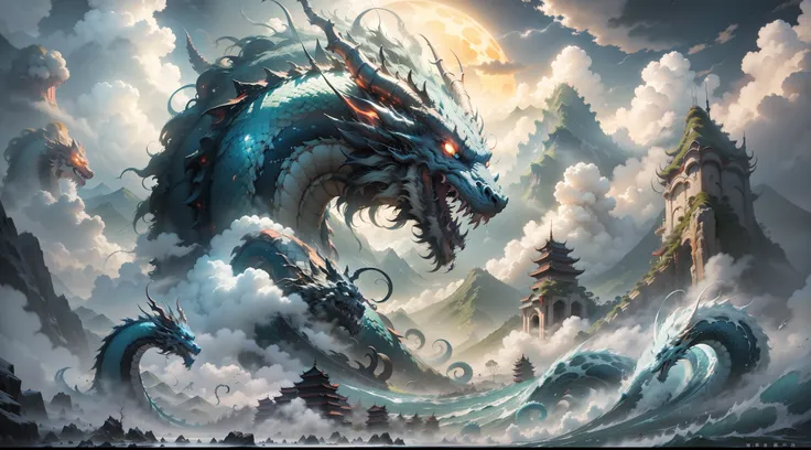 a huge dragon like a mountain devours the sun and the moon, black water is surging, (waves rushing into the sky), fairy mountain...