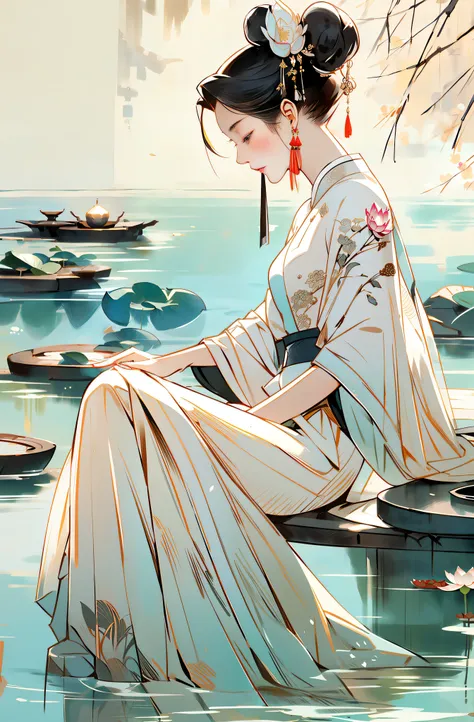 an ancient chinese beauty sitting on a stone, wearing ancient chinese clothing, flowing tulle, light silk, lazy posture, large l...