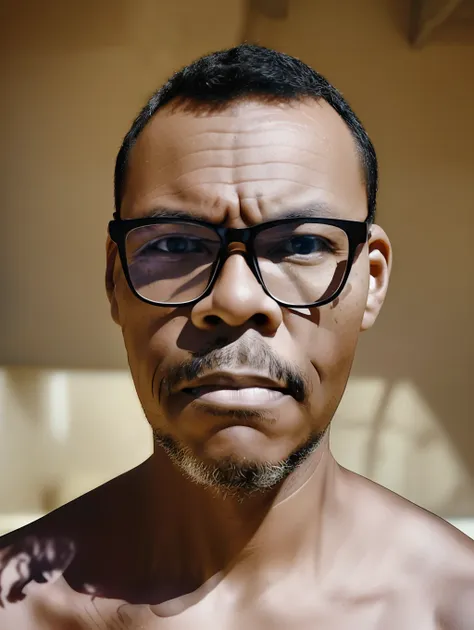 guttonerdvision5, 40-year-old man wearing glasses, realistic lips. the portrait of ((half body)) captures the subject with stunn...