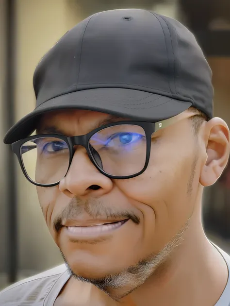 guttonerdvision5, 40-year-old man wearing glasses, black t-shirt and cap, realistic lips. the portrait of ((half body)) captures...