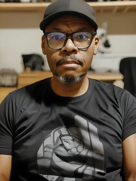 guttonerdvision5, 40-year-old man wearing glasses, black t-shirt and cap, realistic lips. the portrait of ((half body)) captures...