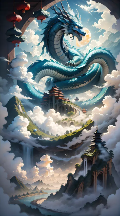 a huge dragon like a mountain devours the sun and the moon, its figure appears in the clouds, the black water is surging, (the w...