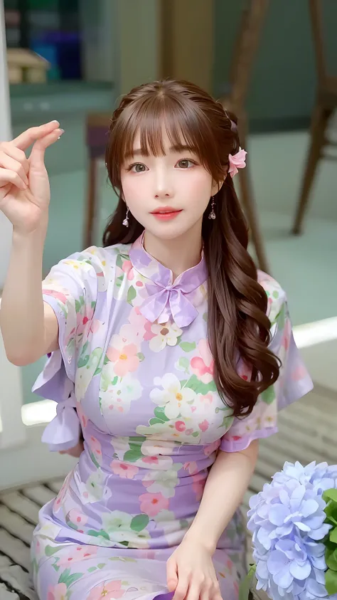 A close-up of a woman in a dress holding flowers, cheongsam, sakimichan, beautiful korean woman, korean girl, Nguyen Jia-beautiful! , chinese girl, chinese dress, lalisa manobal, cute kawaii girl, shaxi, beautiful korean young woman, ulzzang, sung yanjun, ...