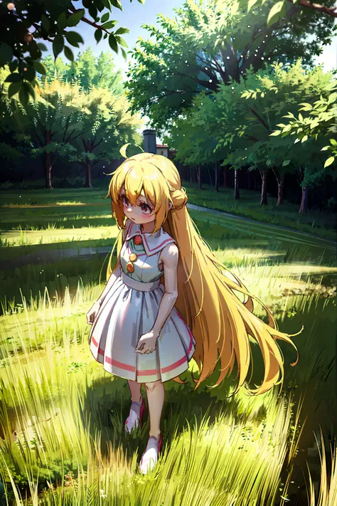 anime girl with long blonde hair and a green dress standing in front of a tree, splash art anime loli, cute anime girl, anime vi...