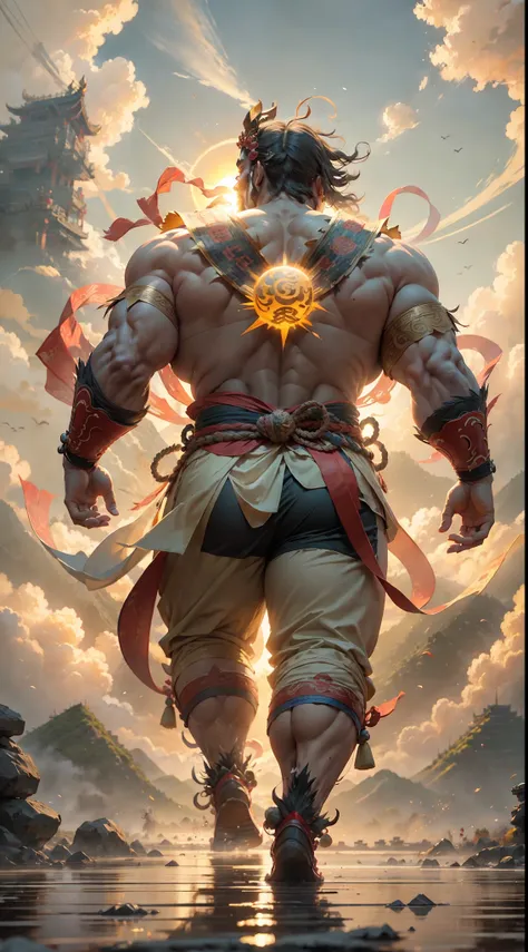 father chasing the sun, ancient chinese lux dressed up, burly huge body, thick hands and feet, standing in front of the sun, run...