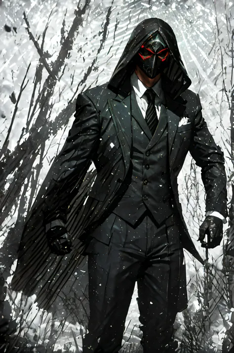 "masterpiece, maximum quality, mysterious masked character, dark formal clothes, deep shadows on dark background." (en)