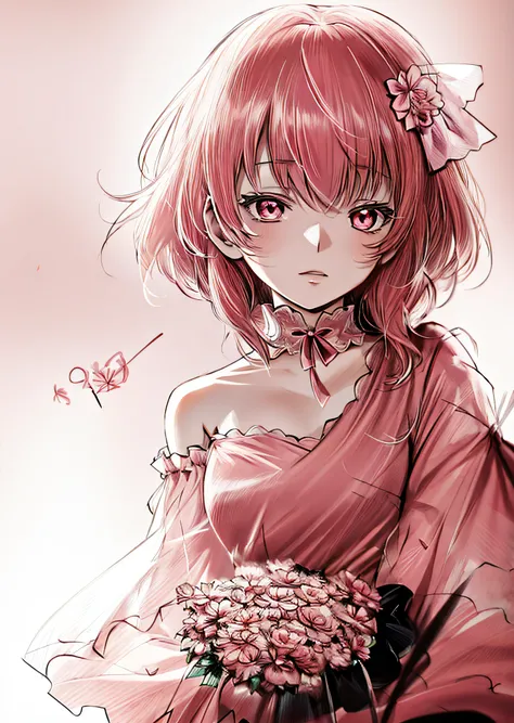 a drawing of a woman in a wedding dress holding a bouquet, clean anime silhouette, loli in dress, red flowers, pink dress