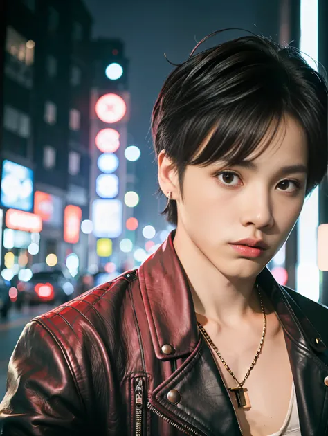 Close up of a man with black hair, red leather jacket looking to the side, city at night, movie blue lights, chiaroscuro, 8K, original, HD, stunning masterpiece, threatening smile, cute character and cute, thin, muscular man, textured skin, glowing , Asian...