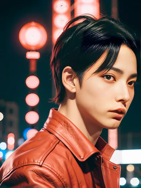 Close up of a man with black hair, red leather jacket looking to the side, city at night, movie blue lights, chiaroscuro, 8K, original, HD, stunning masterpiece, threatening smile, cute character and cute, thin, muscular man, textured skin, glowing , Asian...