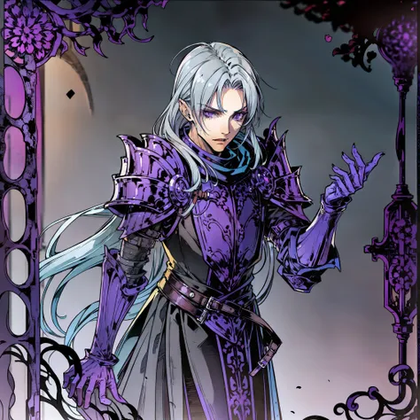 young guy with long gray hair, purple eyes, wearing leather armor