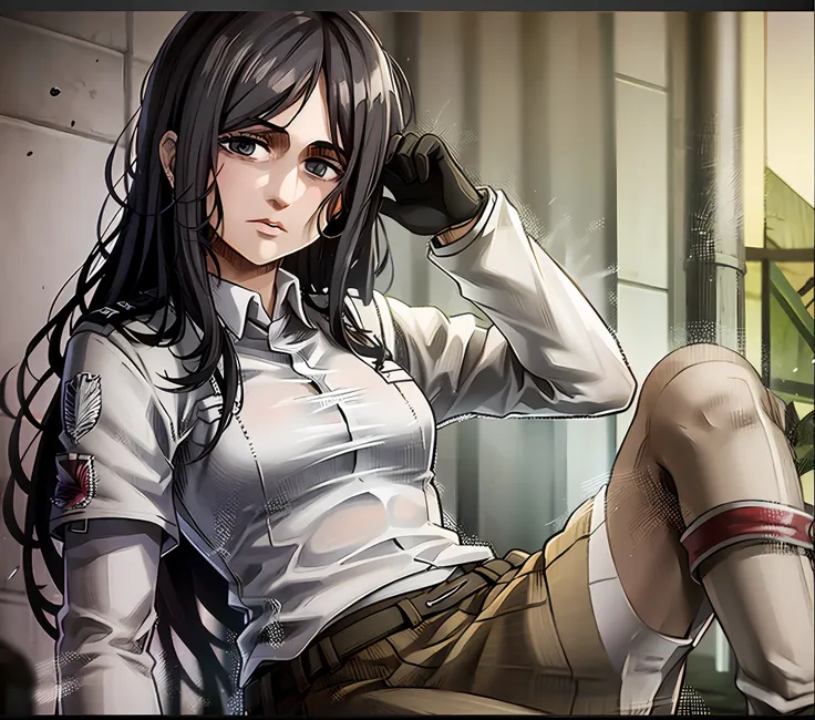 looking_at_viewer, 衬衫, 夹克,巨乳,丰满, white_shirt, paradis_military_uniform, 微笑, upper_body, black_background