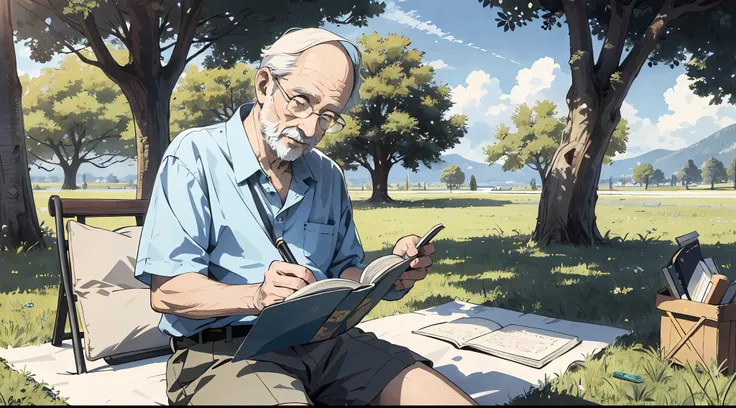 absurd, highres, ultra detailed, (1man:1.3), hand-drawn, simple line, an old 70yo man, sitting under the tree, masterpiece, sunny day, reading book, look at the book