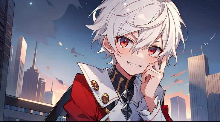 ((masterpiece)),(((best quality))), (high-quality, breathtaking), (expressive eyes, perfect face), 1boy, solo, male, short, young, small boy, short white hair, red eyes, on top of building, night sky, buildings, phantom thief, wear short shorts, smirk
