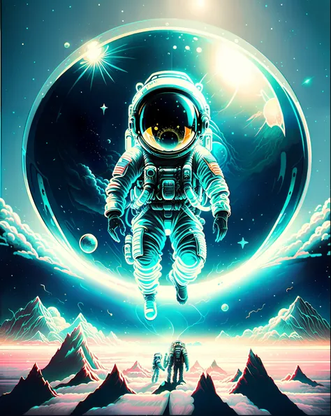 astronaut in outer space floating in a bubble with two astronauts, astronaut lost in liminal space, stunning digital illustratio...