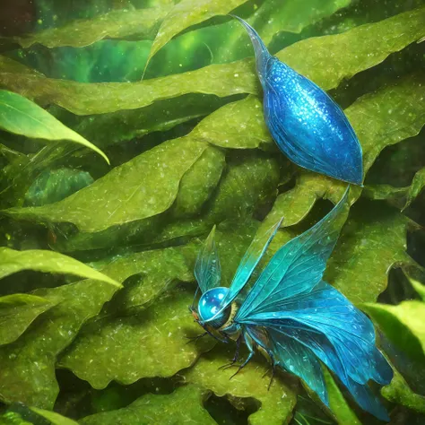 Leathery slippery creature with four wings. Wings transparent, large eyes, long narrow muzzle, with a long thin tongue. Slim, green-blue, hiding in the leaves in a lush forest,(highly detailed:1.2),(best quality:1.2),8k,sharp focus,(subsurface scattering:1...
