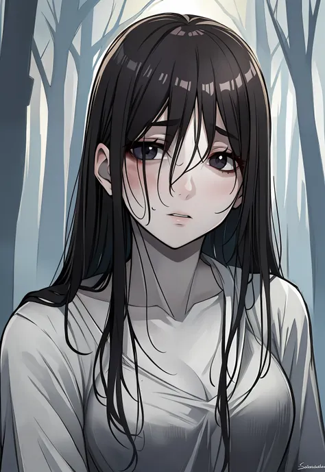 ((masterpiece)), (best quality), (absurdists), black hair, yamamura_sadako, white dress, (grey skin), hair over eyes, eyes cover...