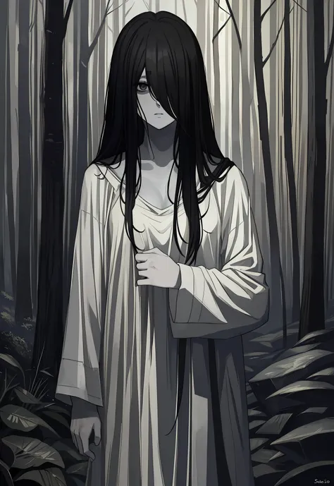 ((masterpiece)), (best quality), (absurdists), black hair, yamamura_sadako, white dress, (grey skin), hair over eyes, eyes cover...