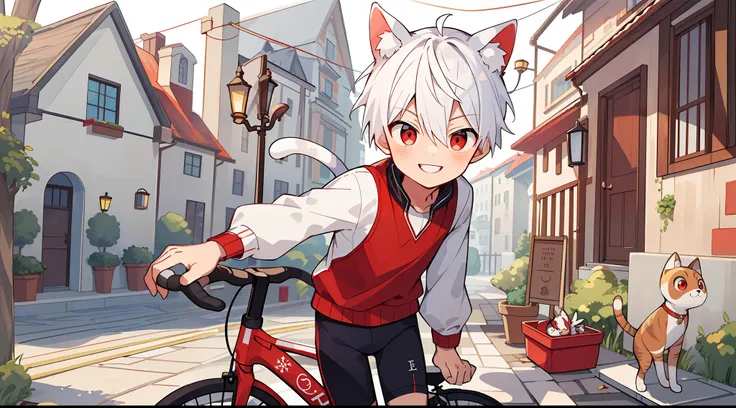 ((masterpiece)),(((best quality))), (high-quality, breathtaking), (expressive eyes, perfect face), 1boy, solo, male, short, young, small boy, white hair, red eyes, smiling, buildings, mailman, wear short shorts, bicycle, cat ears and tail