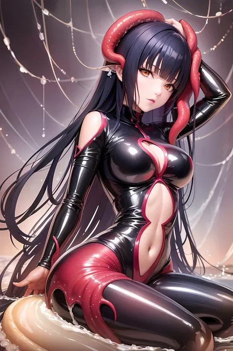 Anime - style woman posing in latex in a giant octopus chair with fine details. Anime. Tentacles, wrapped in black tentacles, covered with tentacles, around the tentacles, some tentacles are touching her, beautiful octopus woman, seductive anime girl, huge...
