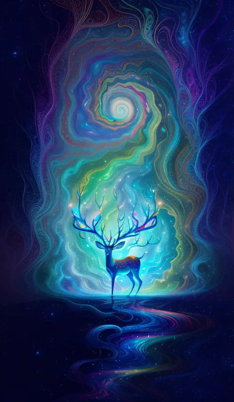 (psychedelic painting of a deer standing in front of a colorful swirl), ((multi-slit big antlers, stag, big head)), light and sh...