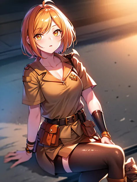orange eyes light,richly faded light orange hair, anime 1girl, khaki t-shirt, khaki skirt, brown military boots, pouch on the waist belt, khaki bikini, "black tights", "dark_orange knee pad on right leg",( night city:1.4), black long cloak, (good hand:1.5 ...