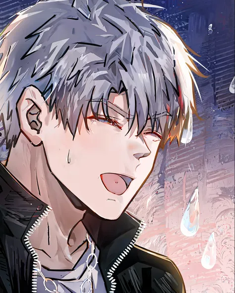 anime boy with grey hair and black jacket standing in the rain, ken kaneki, giga chad crying, he has dark grey hairs, kaneki ken...