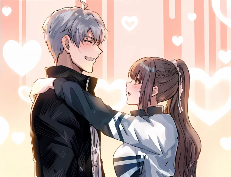 anime couple hugging each other in front of hearts, official fanart, high quality fanart, inspired by Glòria Muñoz, shoujo romance, nixeu and sakimichan, silver hair (ponytail), 8k!!, manhwa, kissing together cutely, detailed fanart, sakimichan and frank f...