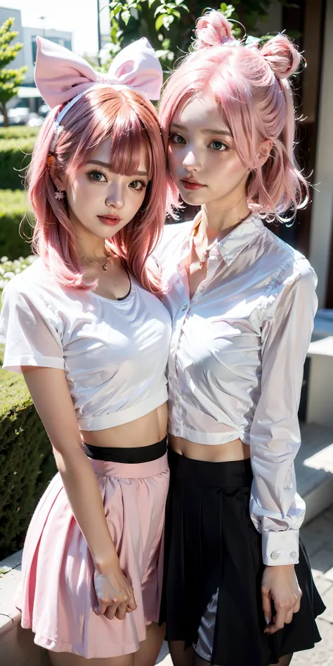 Two girls with pink hair, white blouse, pink bows. Short black skirt, cute